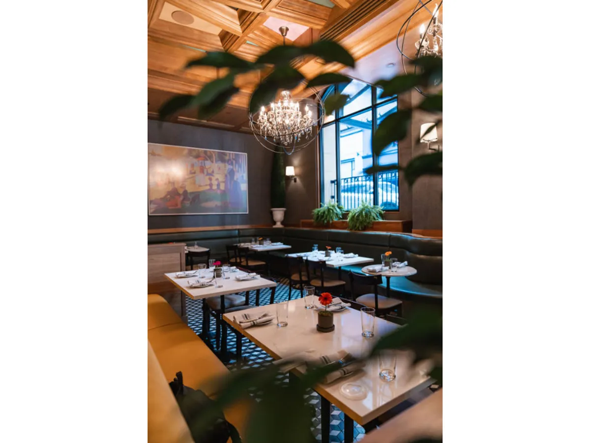 A cozy dining space filled with natural light, green plants, and tables elegantly set with cutlery. The scene shows groups of friends engaged in conversation, suggesting a lively yet intimate atmosphere ideal for celebrations or a romantic dinner.